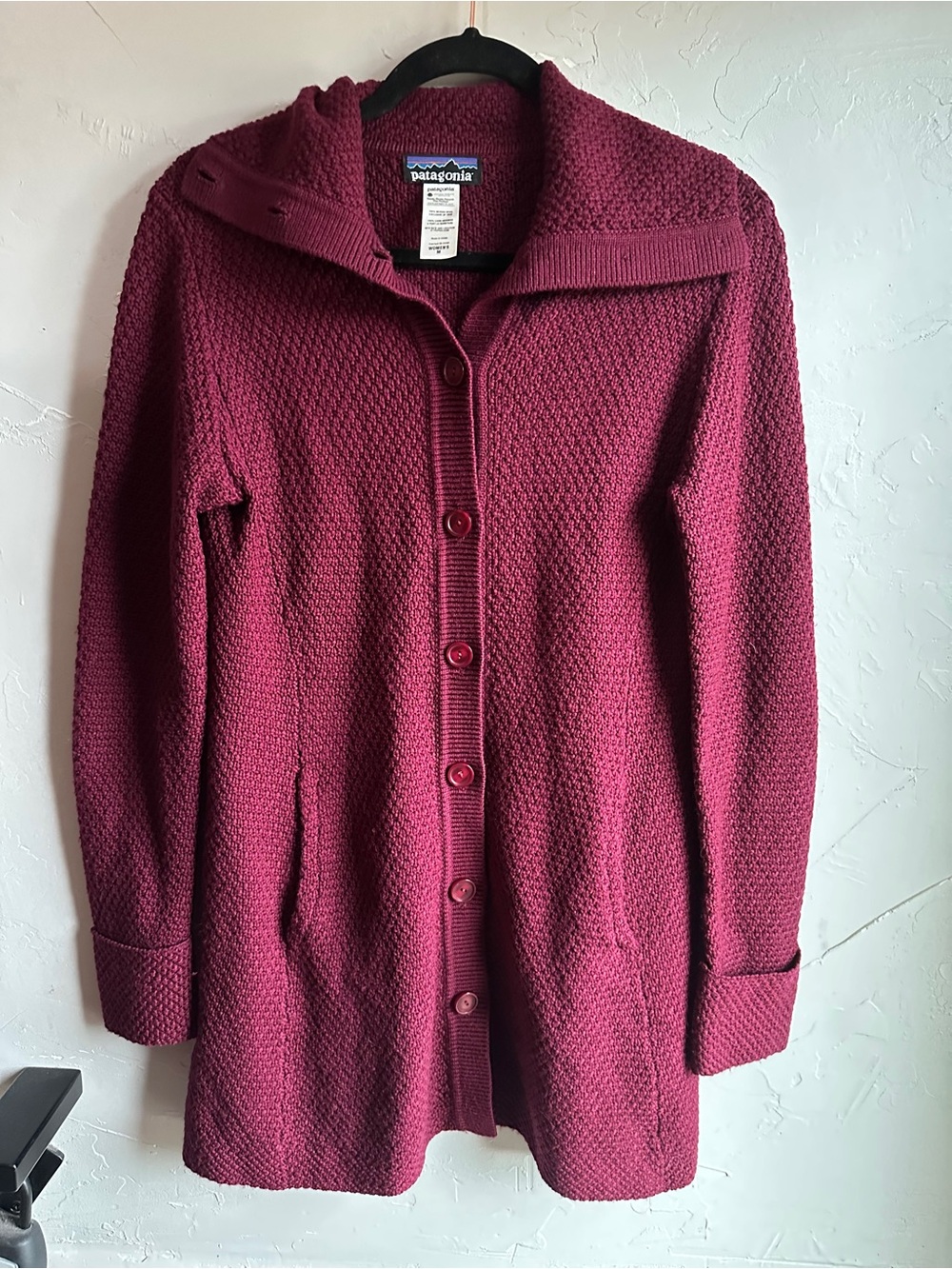 Patagonia Merino Wool Shawl Collar Cardigan Sweater Burgundy Cozy Cabin‎ Core M